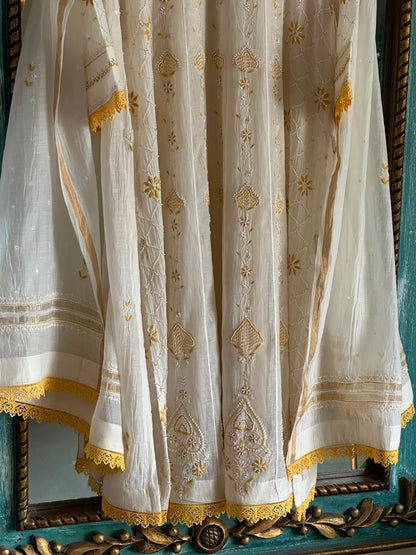 Off White & Yellow Shade Malmal Pearl Work Chikankari Kalidar Kurta Set