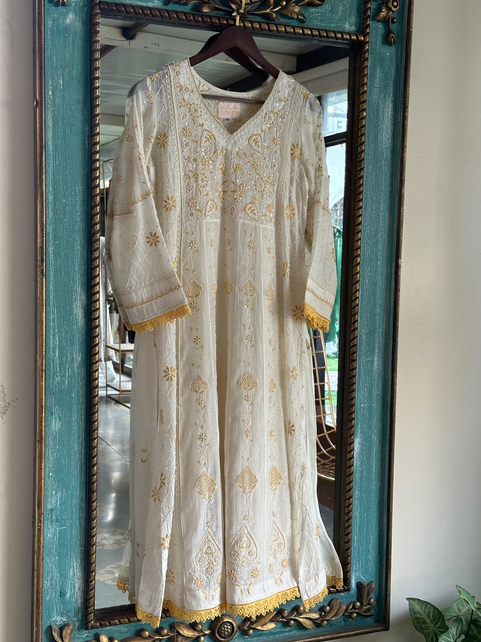 Off White & Yellow Shade Malmal Pearl Work Chikankari Kalidar Kurta Set