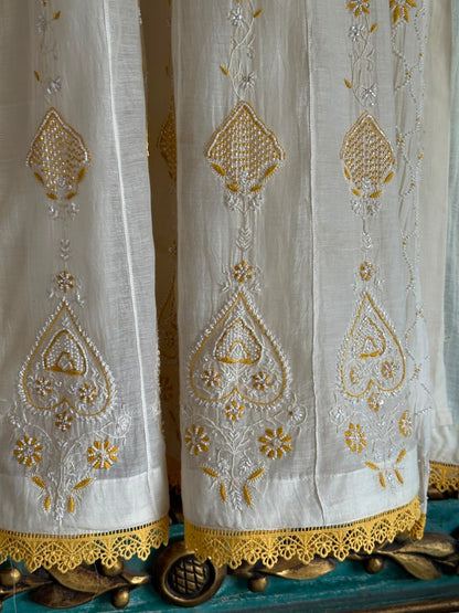 Off White & Yellow Shade Malmal Pearl Work Chikankari Kalidar Kurta Set