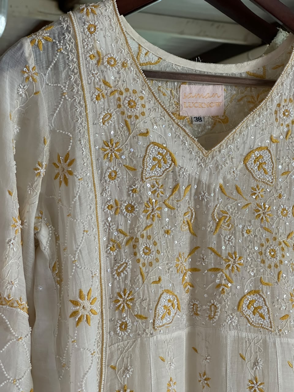 Off White & Yellow Shade Malmal Pearl Work Chikankari Kalidar Kurta Set