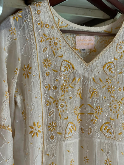 Off White & Yellow Shade Malmal Pearl Work Chikankari Kalidar Kurta Set