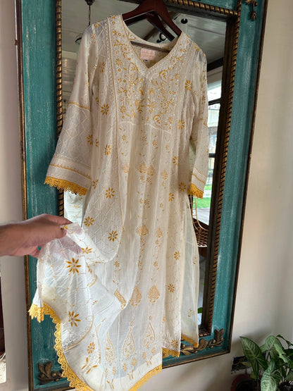Off White & Yellow Shade Malmal Pearl Work Chikankari Kalidar Kurta Set