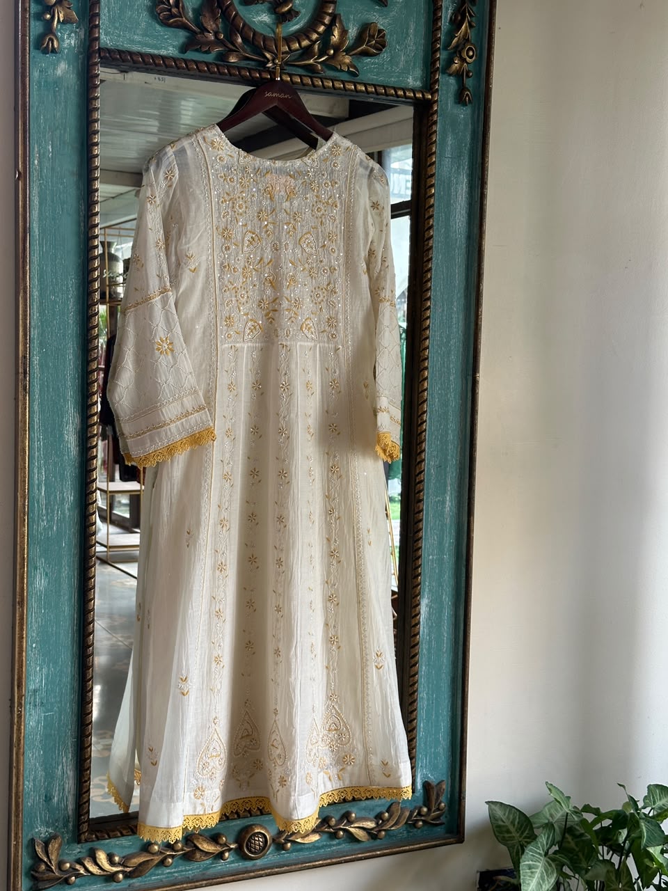 Off White & Yellow Shade Malmal Pearl Work Chikankari Kalidar Kurta Set