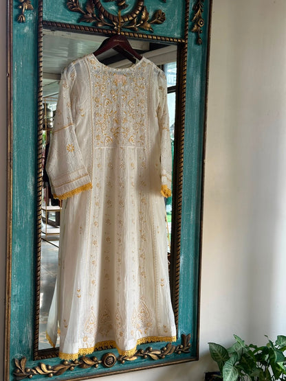 Off White & Yellow Shade Malmal Pearl Work Chikankari Kalidar Kurta Set