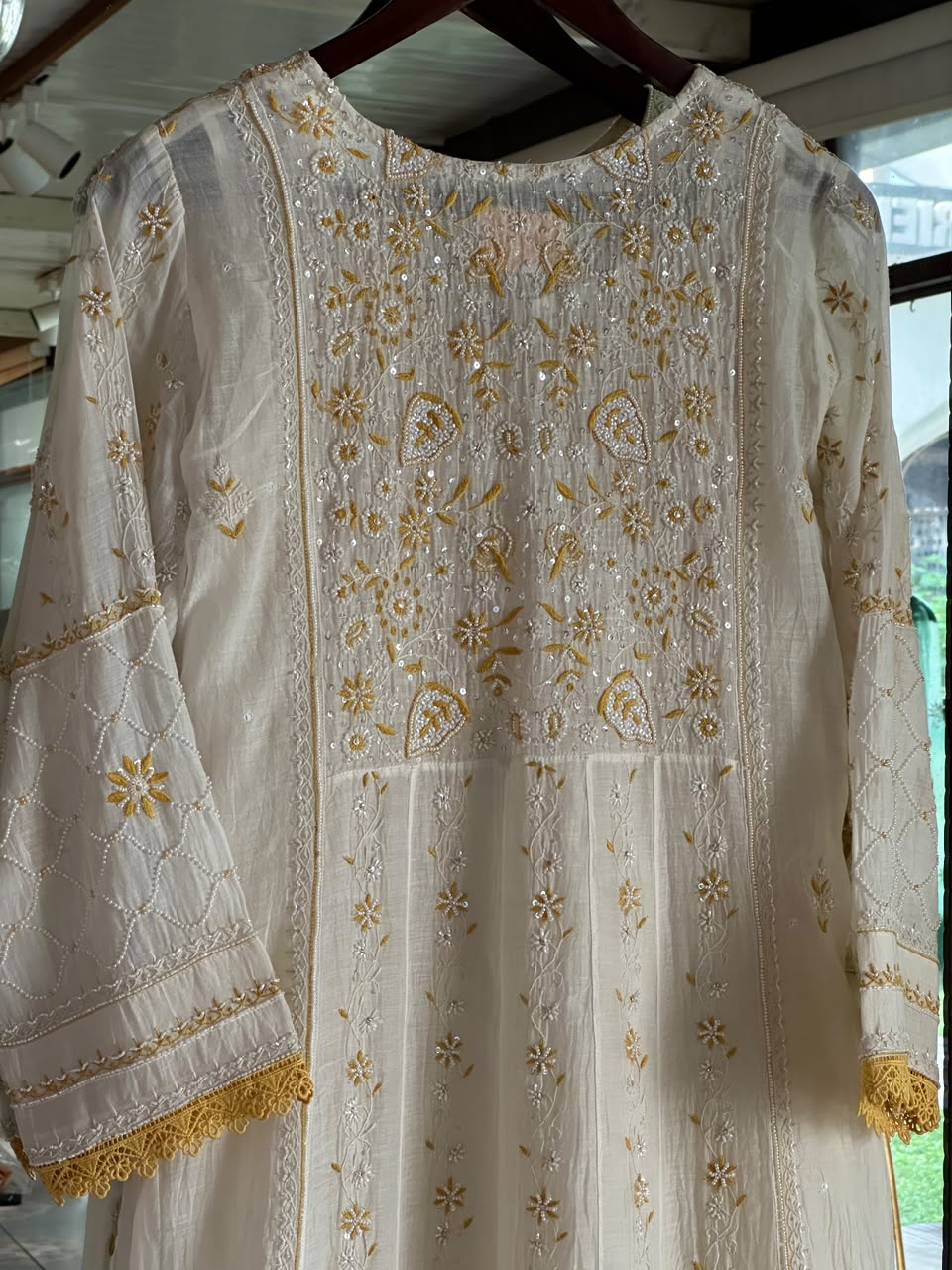 Off White & Yellow Shade Malmal Pearl Work Chikankari Kalidar Kurta Set