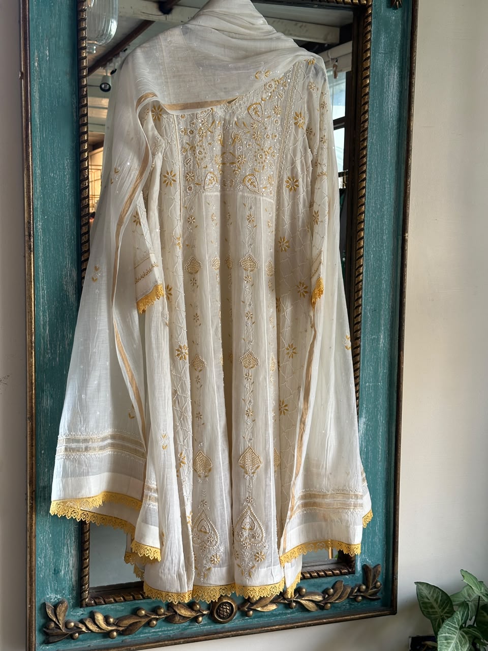 Off White & Yellow Shade Malmal Pearl Work Chikankari Kalidar Kurta Set