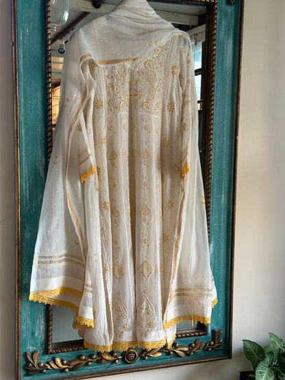 Off White & Yellow Shade Malmal Pearl Work Chikankari Kalidar Kurta Set