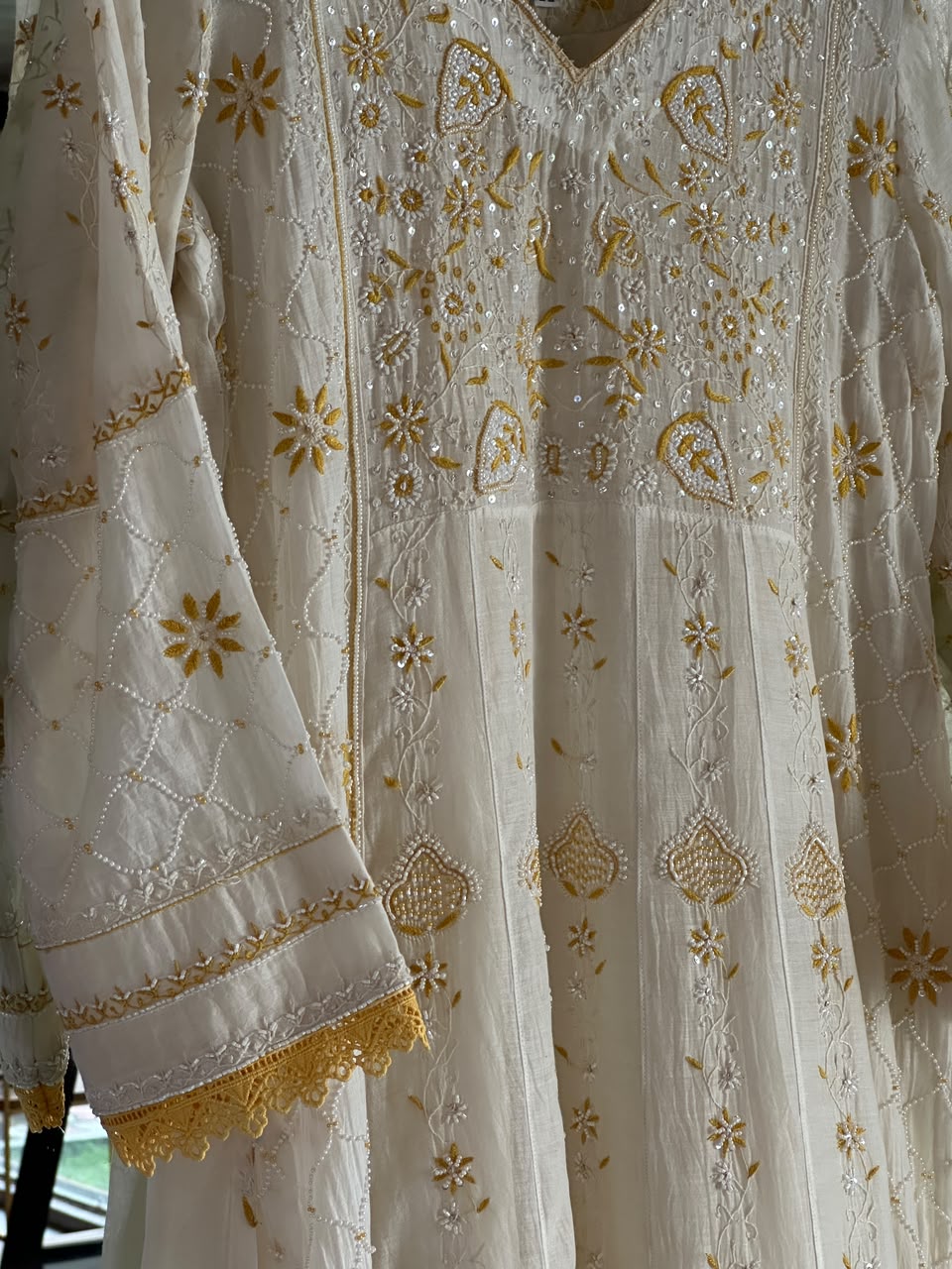 Off White & Yellow Shade Malmal Pearl Work Chikankari Kalidar Kurta Set