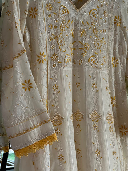 Off White & Yellow Shade Malmal Pearl Work Chikankari Kalidar Kurta Set