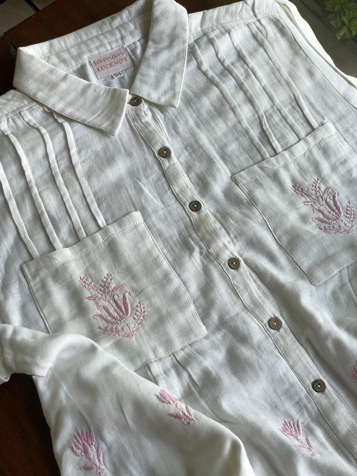 Off White & Pink Embroidered Malmal Shirt