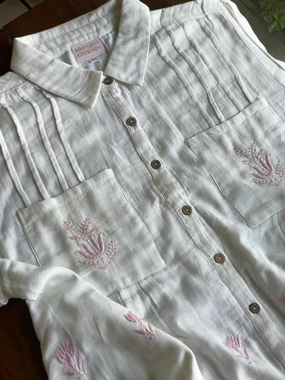 Off White & Pink Embroidered Malmal Shirt