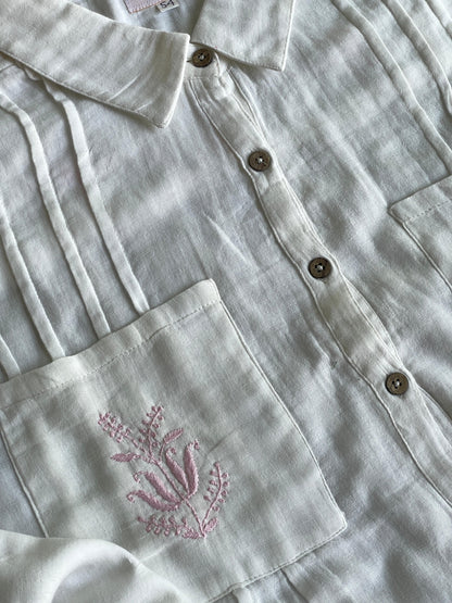 Off White & Pink Embroidered Malmal Shirt