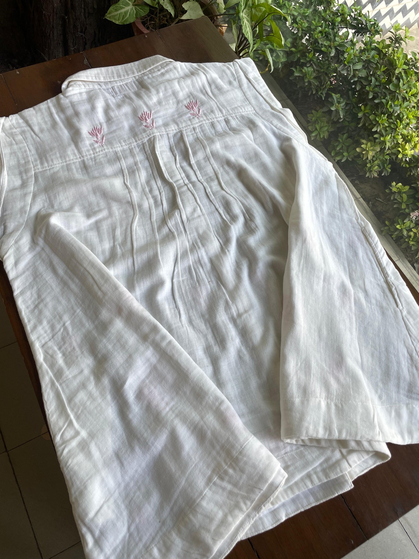 Off White & Pink Embroidered Malmal Shirt