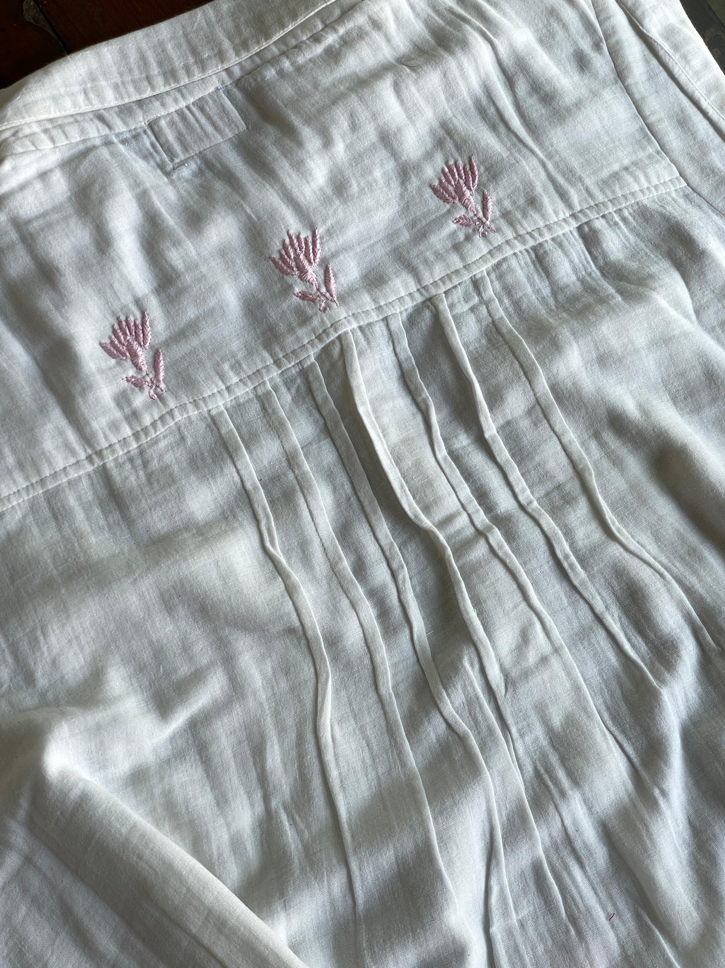 Off White & Pink Embroidered Malmal Shirt