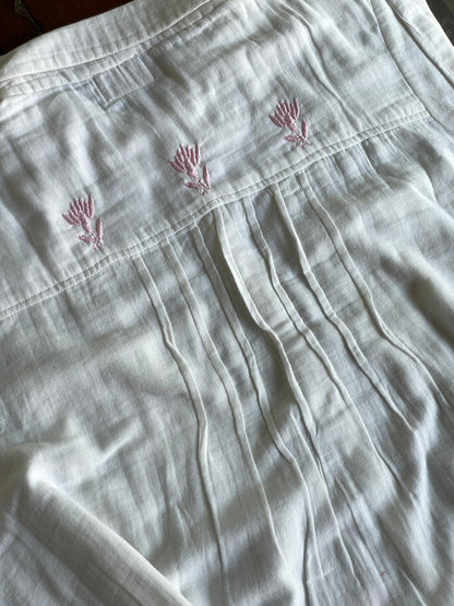 Off White & Pink Embroidered Malmal Shirt