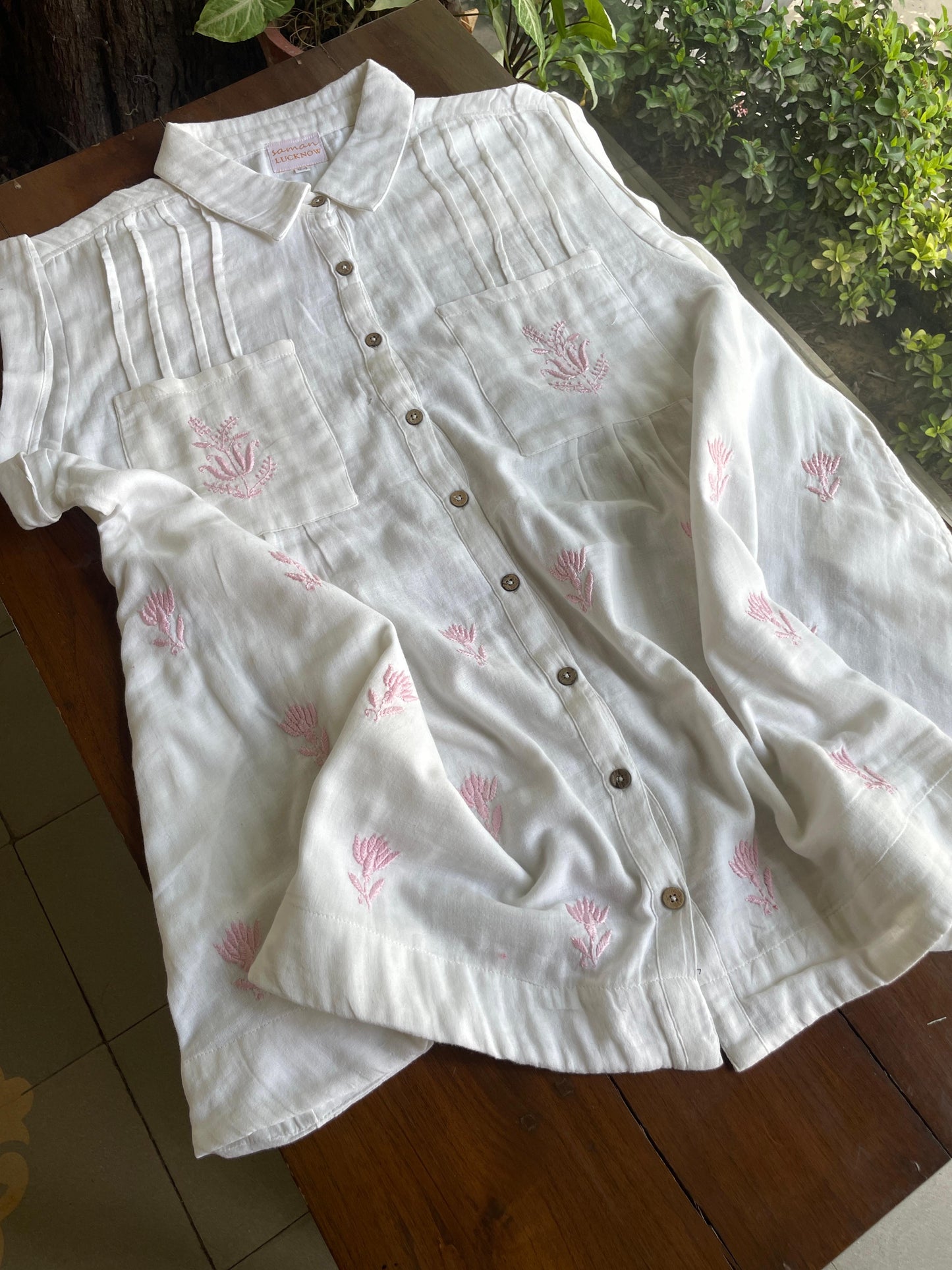 Off White & Pink Embroidered Malmal Shirt