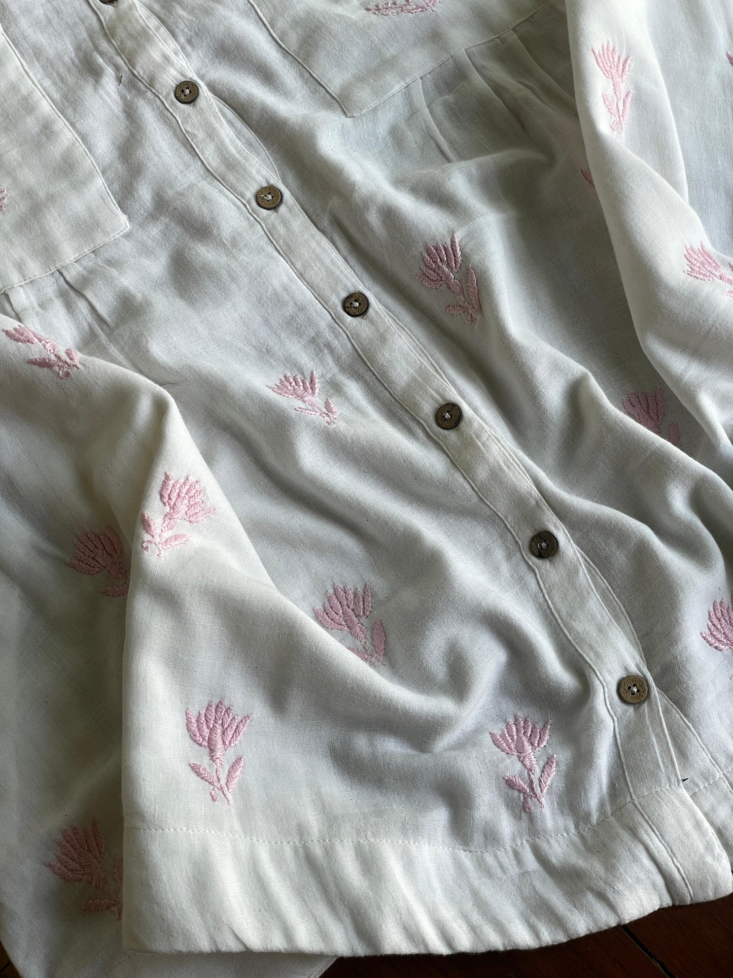 Off White & Pink Embroidered Malmal Shirt