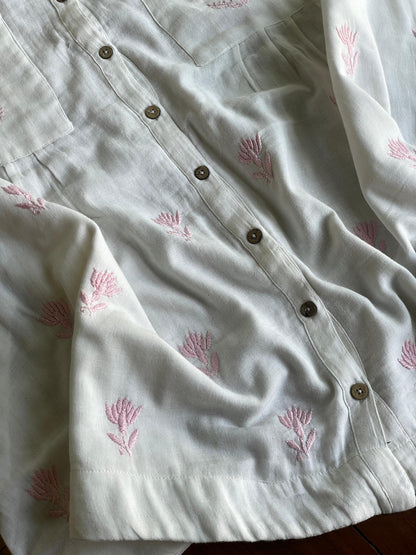 Off White & Pink Embroidered Malmal Shirt