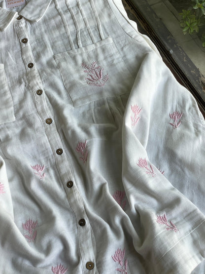 Off White & Pink Embroidered Malmal Shirt