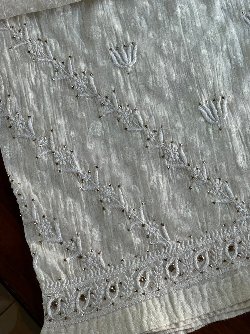 Off White Semi-Stitched Chikankari Jacquard Palazzo with Mukaish Work