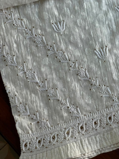 Off White Semi-Stitched Chikankari Jacquard Palazzo with Mukaish Work