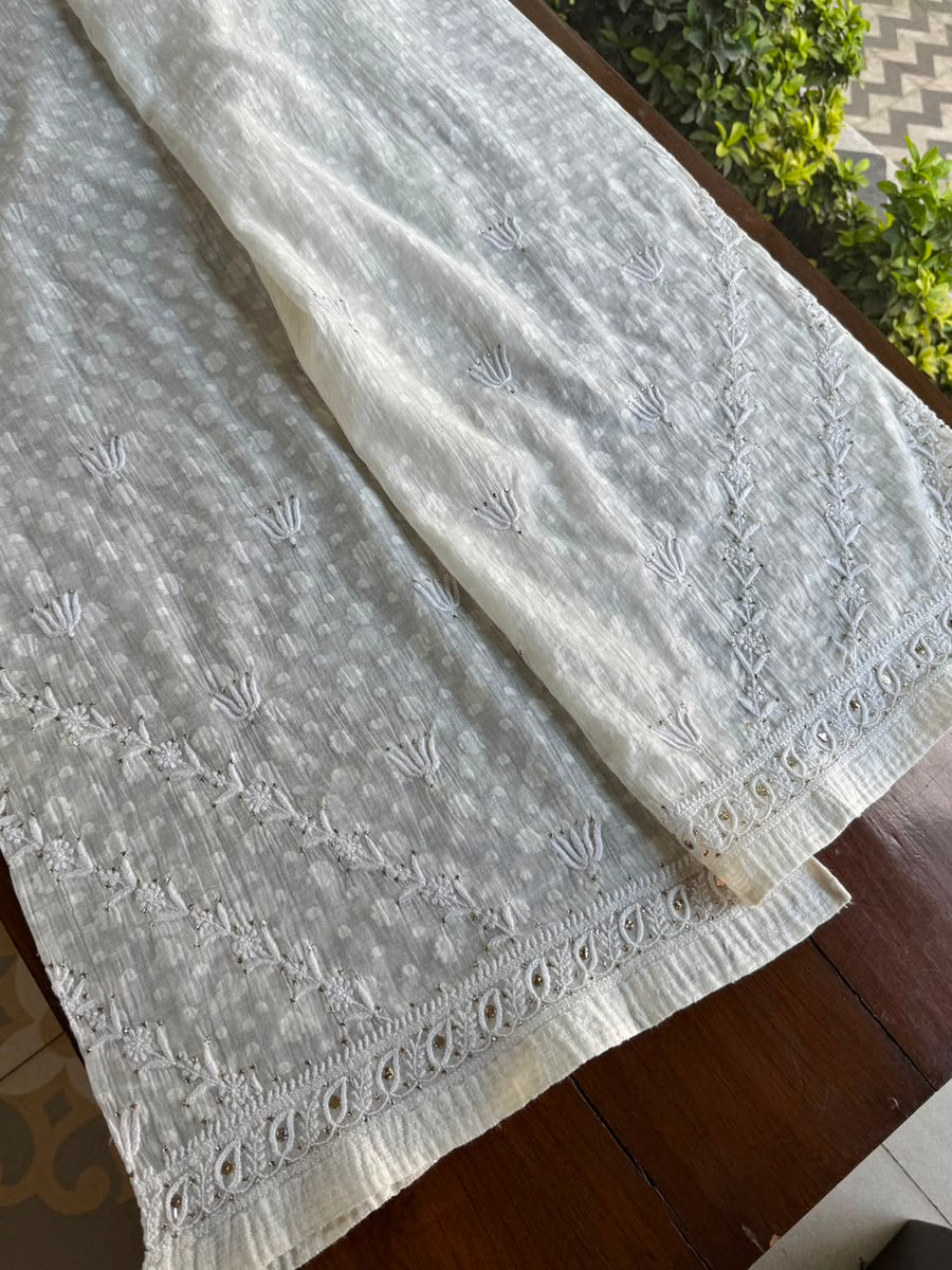 Off White Semi-Stitched Chikankari Jacquard Palazzo with Mukaish Work