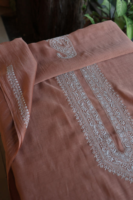 Old Copper Shade Mulmul Chikankari Unstitched Men's Kurtas Fabric