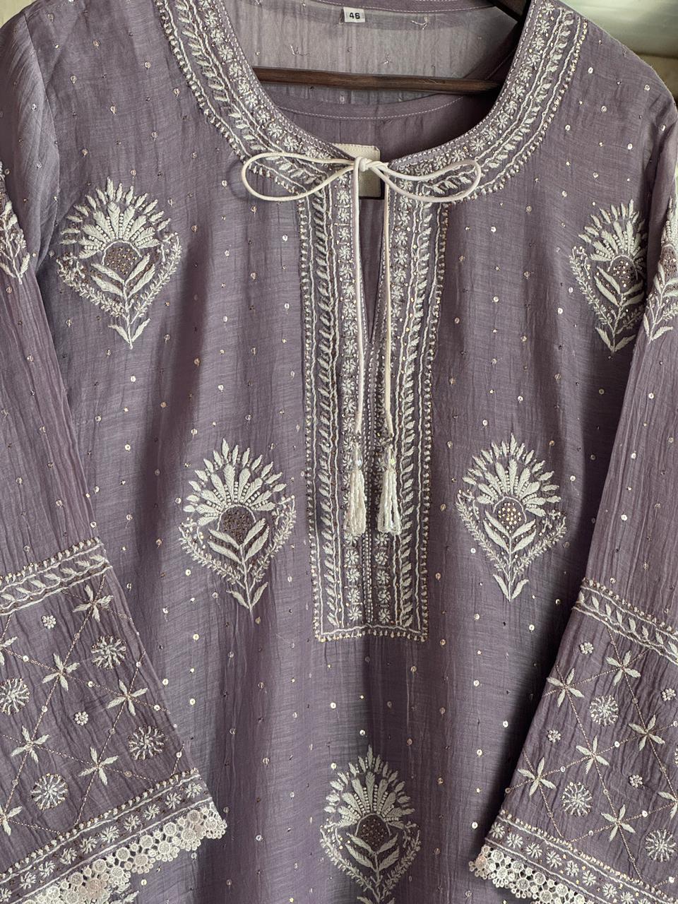 Old Lavender Mulmul Pearl White Chikankari Kurta With Heavy Dupatta