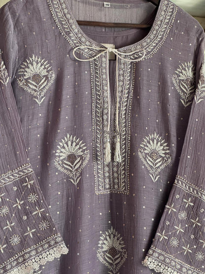 Old Lavender Mulmul Pearl White Chikankari Kurta With Heavy Dupatta