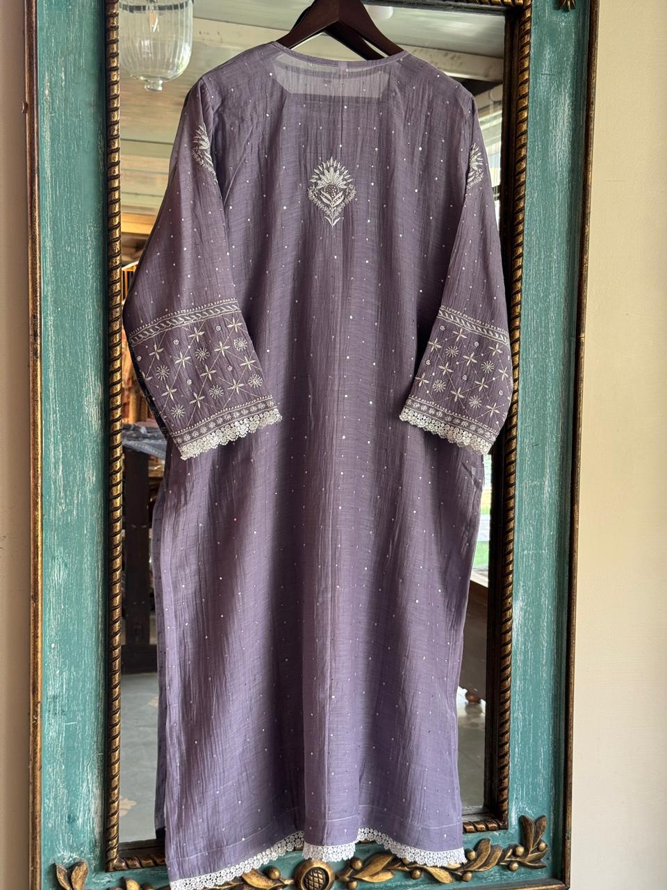 Old Lavender Mulmul Pearl White Chikankari Kurta With Heavy Dupatta