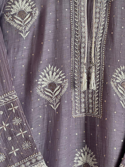 Old Lavender Mulmul Pearl White Chikankari Kurta With Heavy Dupatta