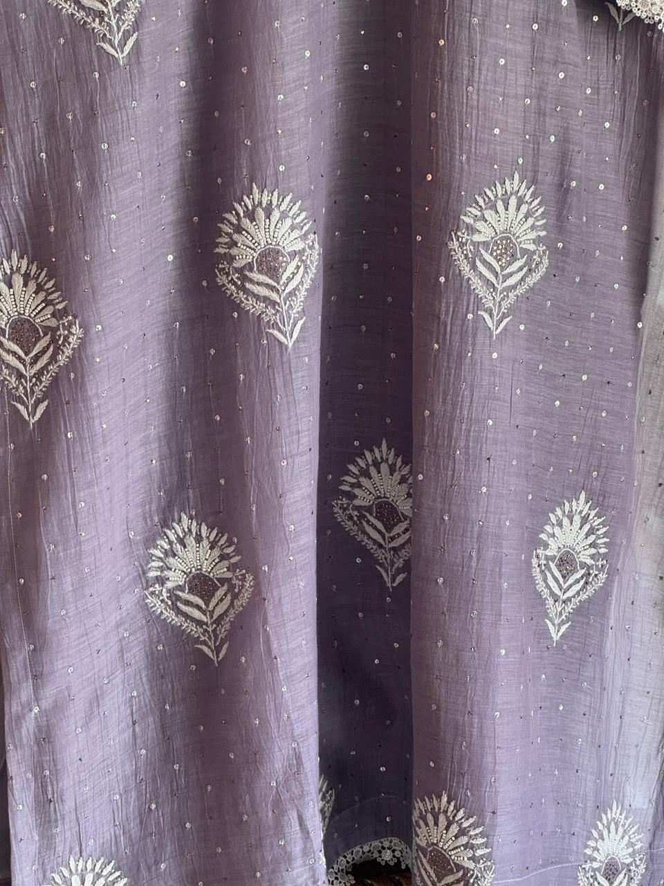 Old Lavender Mulmul Pearl White Chikankari Kurta With Heavy Dupatta