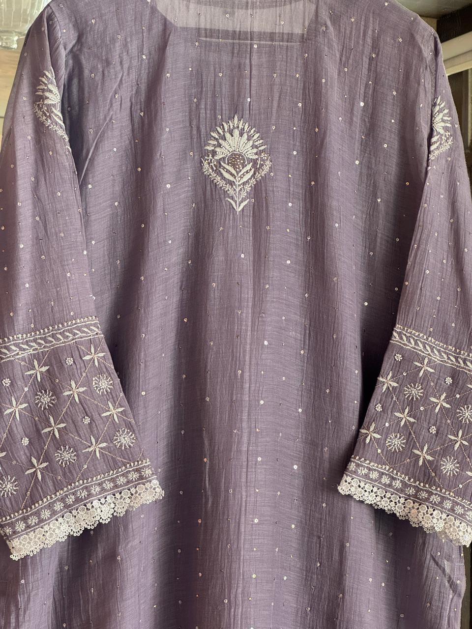 Old Lavender Mulmul Pearl White Chikankari Kurta With Heavy Dupatta