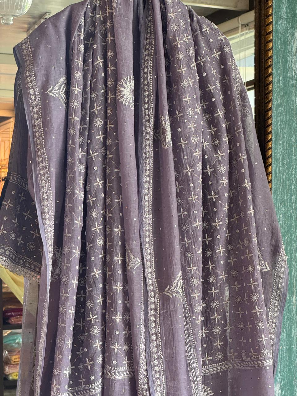 Old Lavender Mulmul Pearl White Chikankari Kurta With Heavy Dupatta
