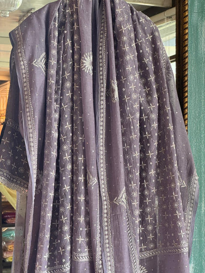 Old Lavender Mulmul Pearl White Chikankari Kurta With Heavy Dupatta