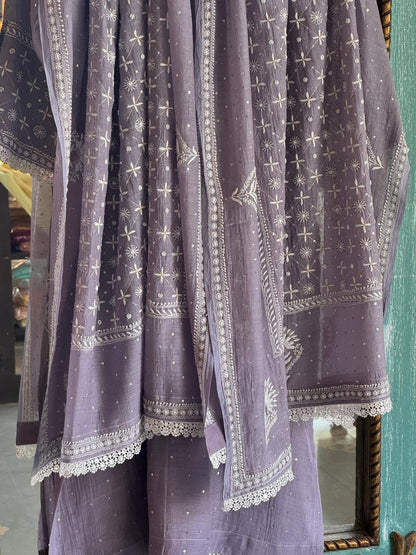 Old Lavender Mulmul Pearl White Chikankari Kurta With Heavy Dupatta