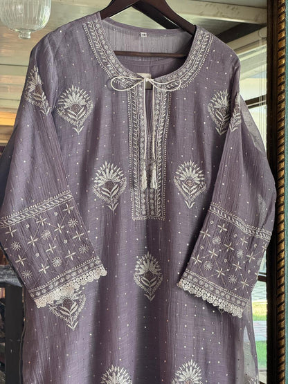 Old Lavender Mulmul Pearl White Chikankari Kurta With Heavy Dupatta