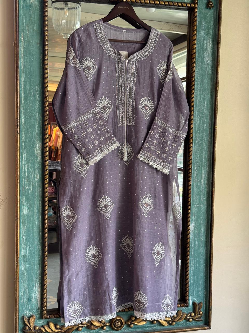 Old Lavender Mulmul Pearl White Chikankari Kurta With Heavy Dupatta