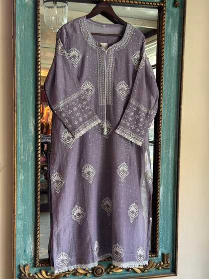 Old Lavender Mulmul Pearl White Chikankari Kurta With Heavy Dupatta