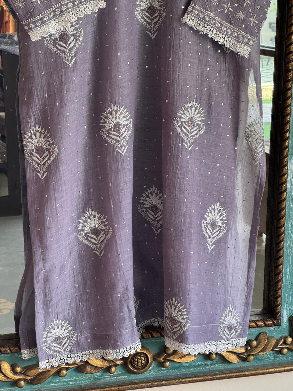 Old Lavender Mulmul Pearl White Chikankari Kurta With Heavy Dupatta