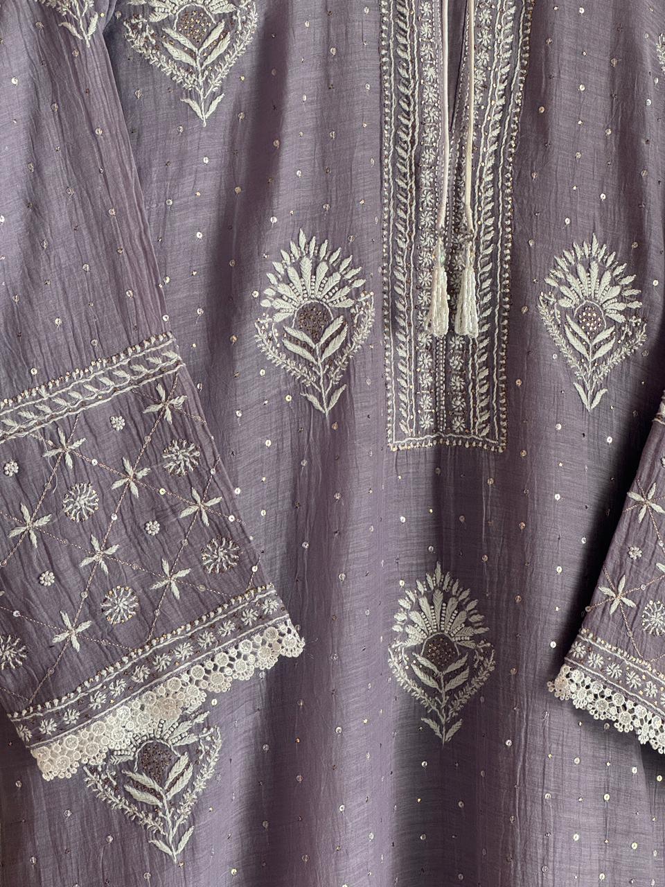 Old Lavender Mulmul Pearl White Chikankari Kurta With Heavy Dupatta