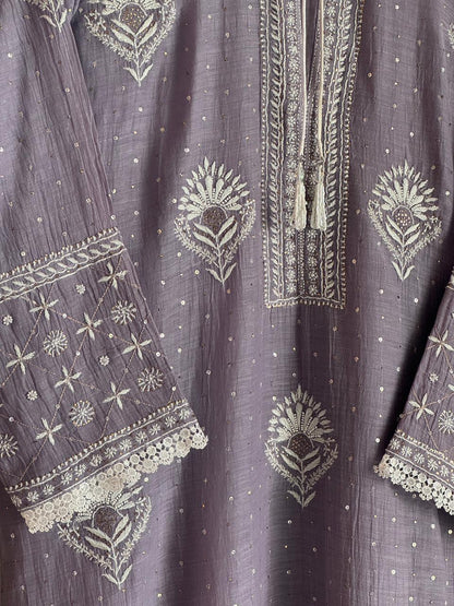 Old Lavender Mulmul Pearl White Chikankari Kurta With Heavy Dupatta