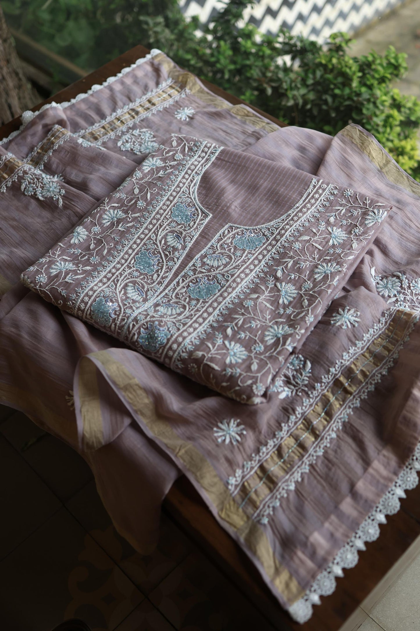 Old Lavender Shade Malmal Pearl Work Chikankari Fabric