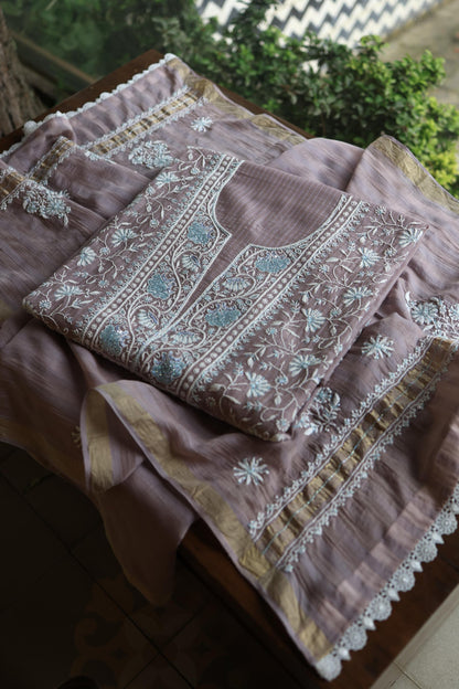 Old Lavender Shade Malmal Pearl Work Chikankari Fabric