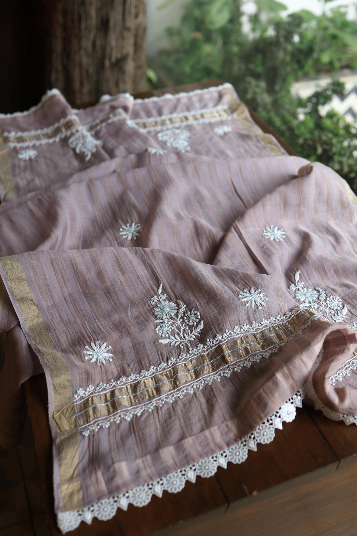Old Lavender Shade Malmal Pearl Work Chikankari Fabric