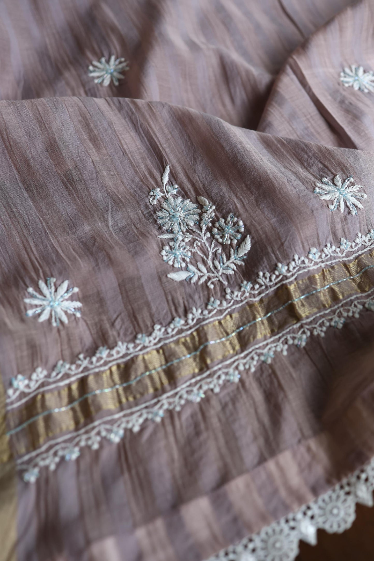 Old Lavender Shade Malmal Pearl Work Chikankari Fabric
