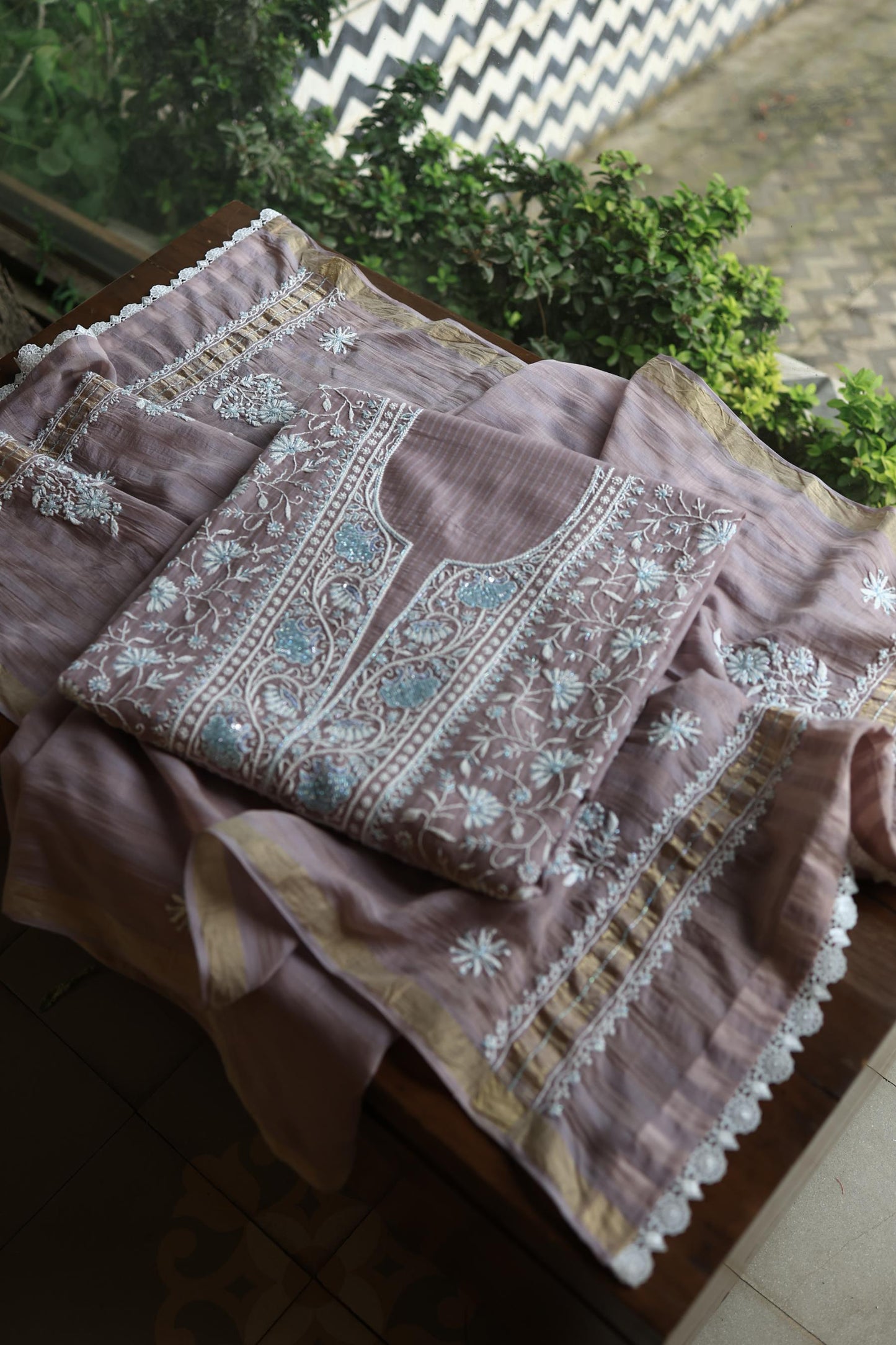 Old Lavender Shade Malmal Pearl Work Chikankari Fabric