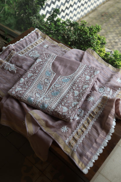 Old Lavender Shade Malmal Pearl Work Chikankari Fabric