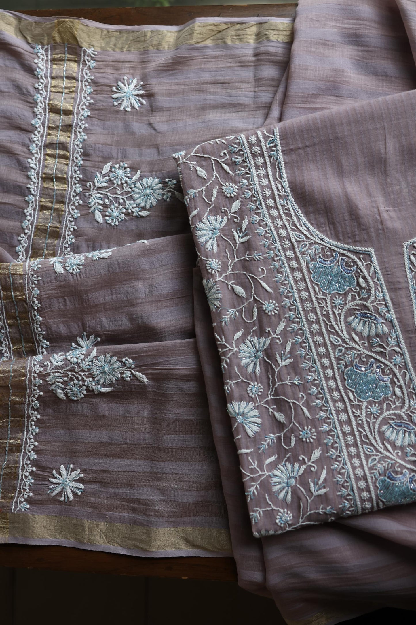 Old Lavender Shade Malmal Pearl Work Chikankari Fabric