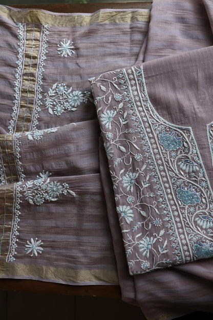 Old Lavender Shade Malmal Pearl Work Chikankari Fabric